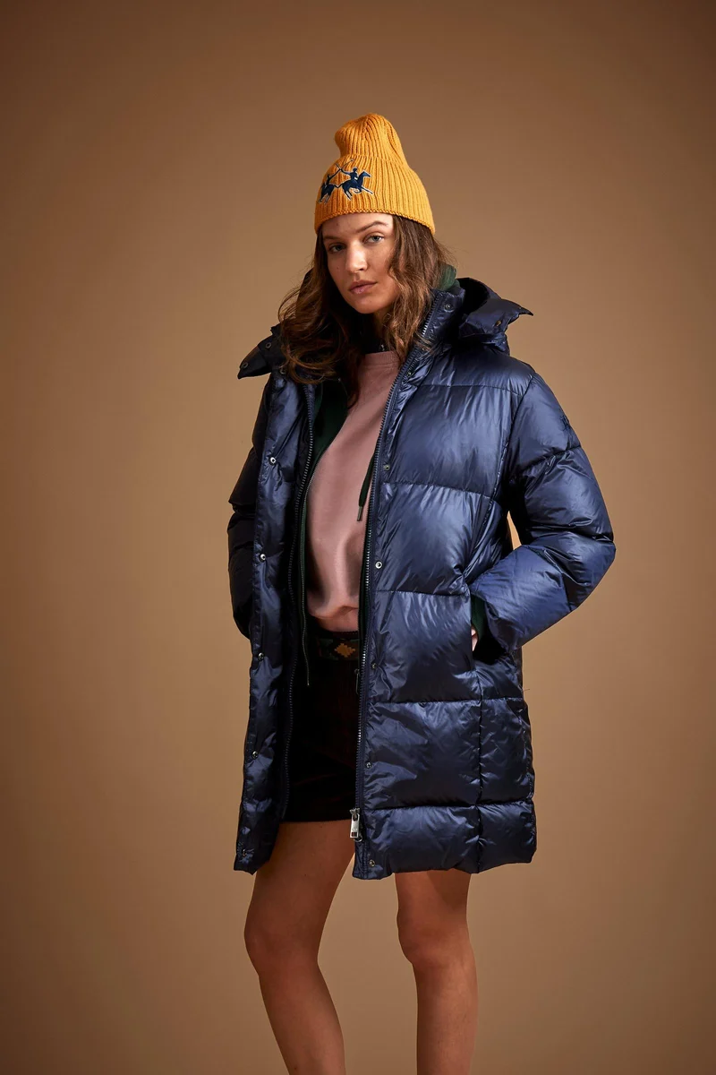 Langer Damen-Steppmantel aus irisierendem Nylon, mit Daunen gefüttert - Demi
