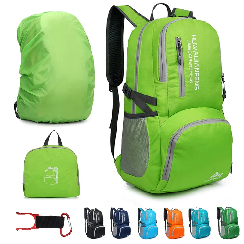 Lywencom Zaino da trekking, 30l sportivo leggero pieghevole impermeabile zaino ultraleggero per campeggio all'aperto picnic escursionismo corsa borsa scuola con pioggia(verde)