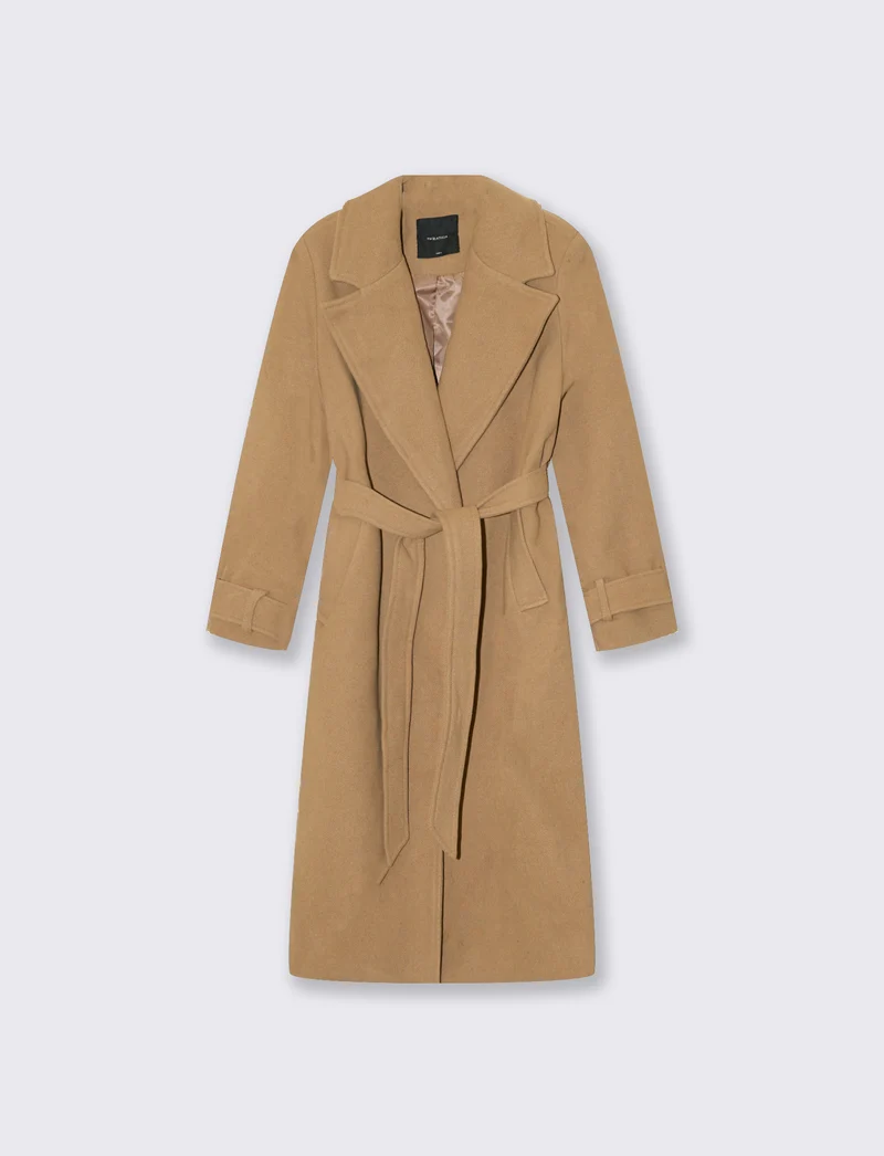 Cappotto doppiopetto con cintura elegante - Cammello