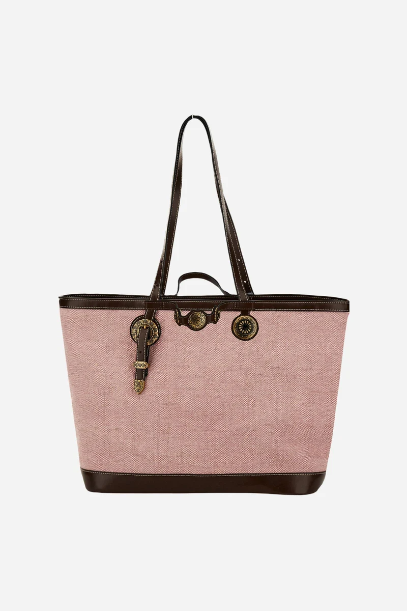 Shopping-Tasche aus Canvas in Leinenoptik mit goldenen Blumen-Nieten – Gaucho Shopping Bag