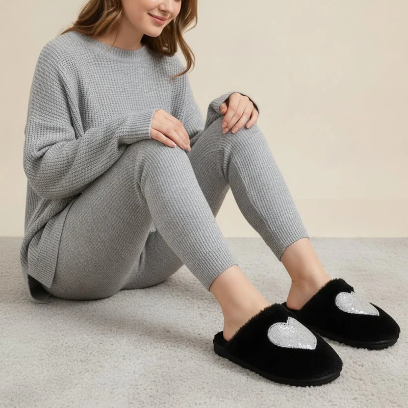 Pantofola effetto furry con cuore - Nero