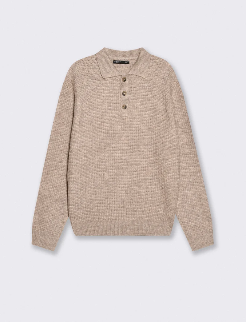 Maglia Polo Jacquard con Colletto Francese - Beige