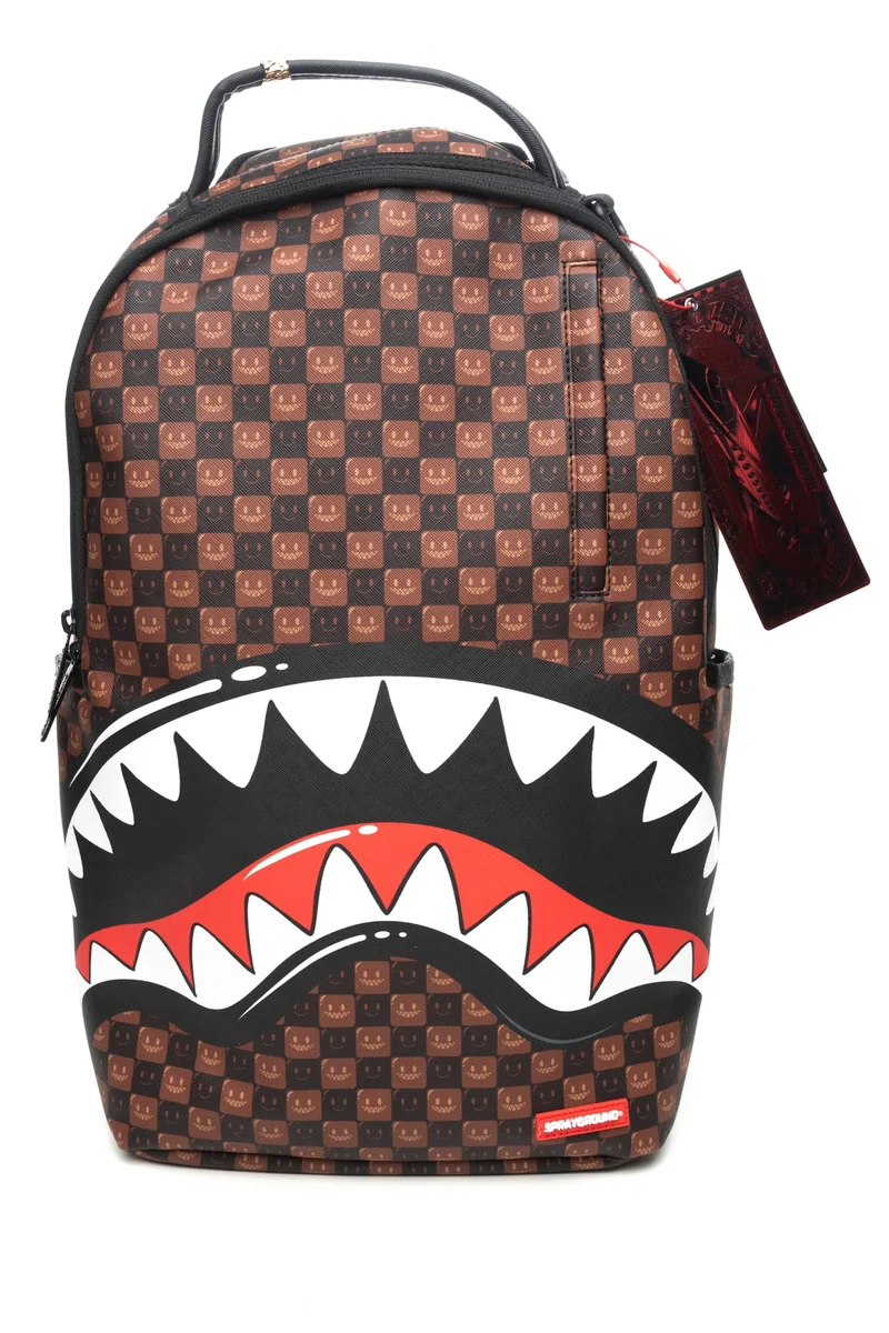 Zaino Sprayground Shark In Paris Wtf Bubble Unisex Stampa Scacchi Bolle E Smile Marrone Nero Misure 44x16x27 In Polivinile