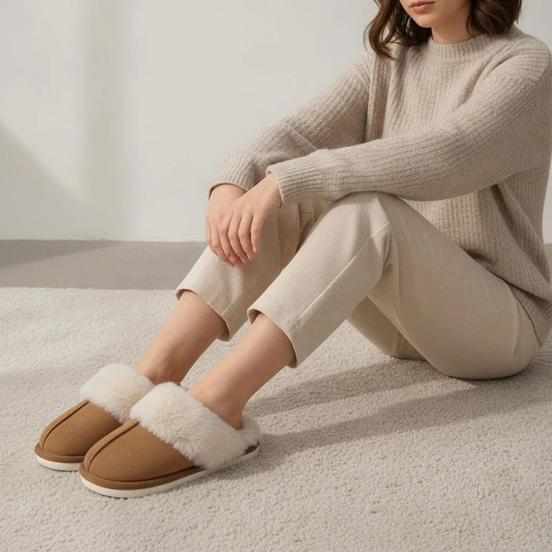 Pantofola calda da in tessuto furry - Cammello