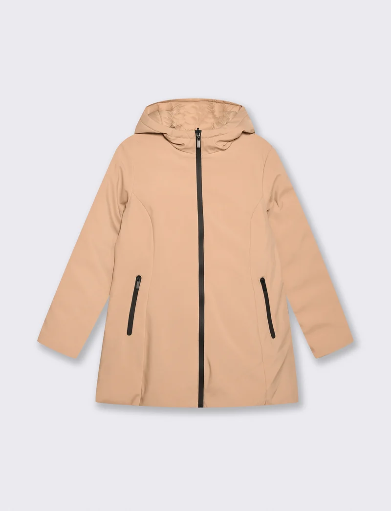 Giaccone lungo double face con capuccio - Beige grano
