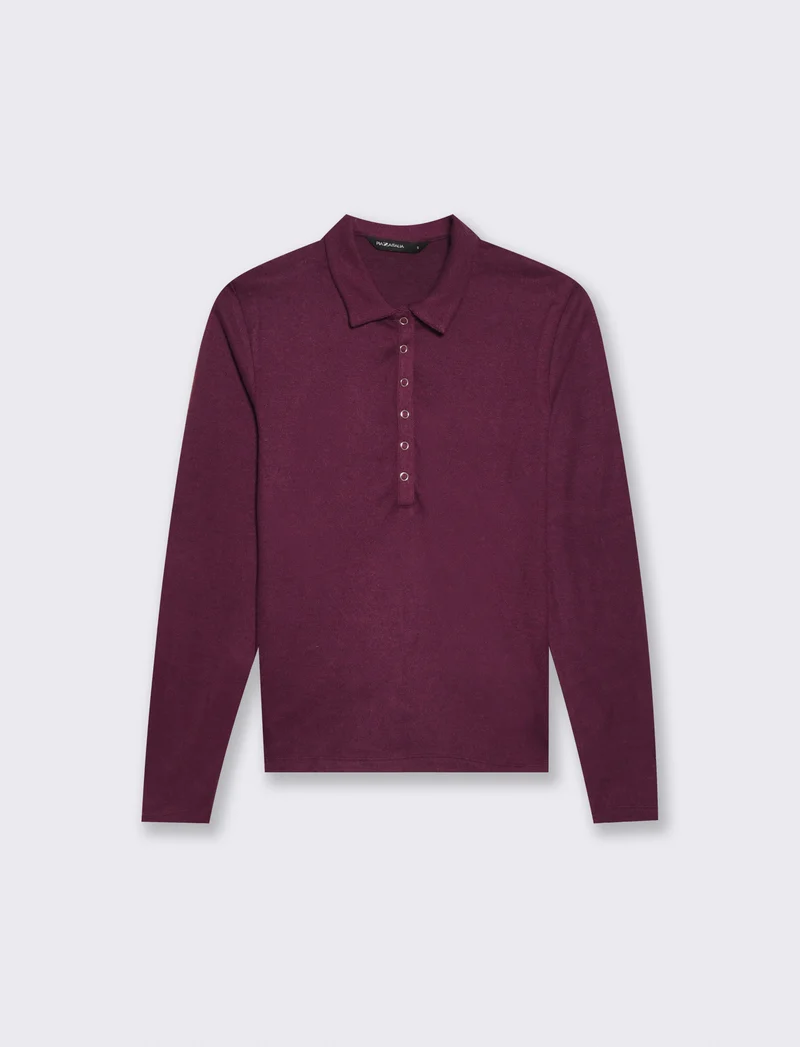 T-shirt polo manica lunga con colletto - Bordeaux
