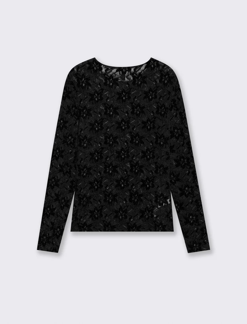 T-shirt in rete a manica lunga con stampa - Nero