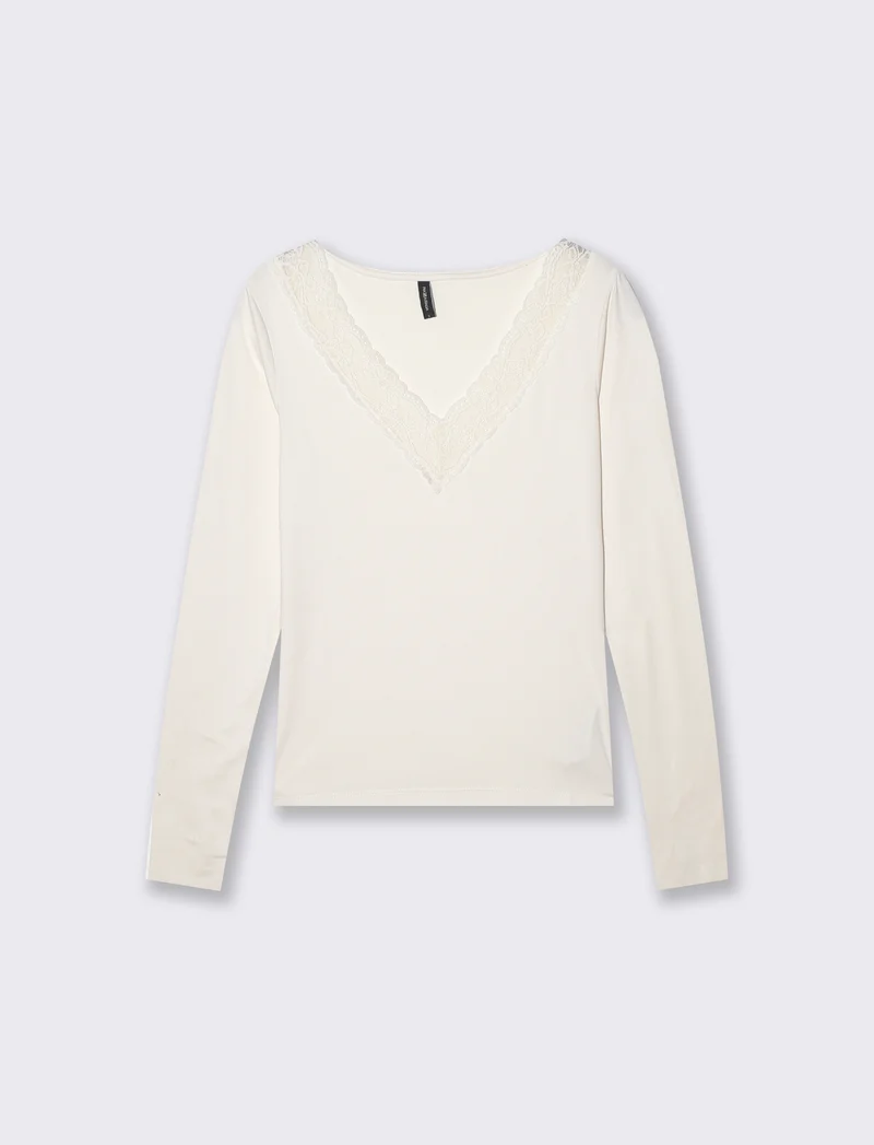 T-shirt manica lunga scollo a V - Avorio