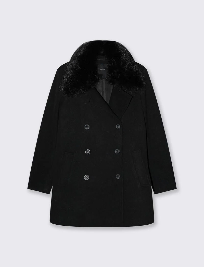 Cappotto corto doppio petto con pelliccia - Nero