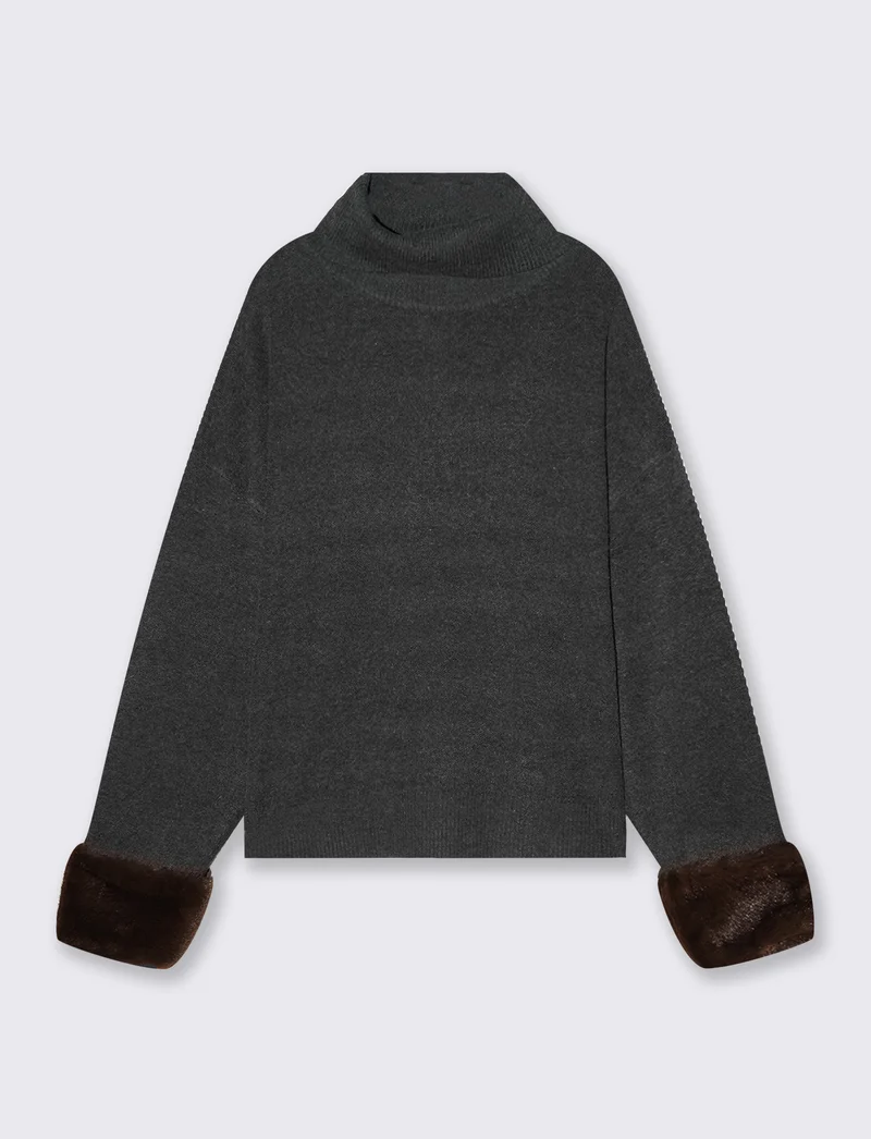Pullover Collo Alto con Pelliccia ai Polsi - Grigio scuro