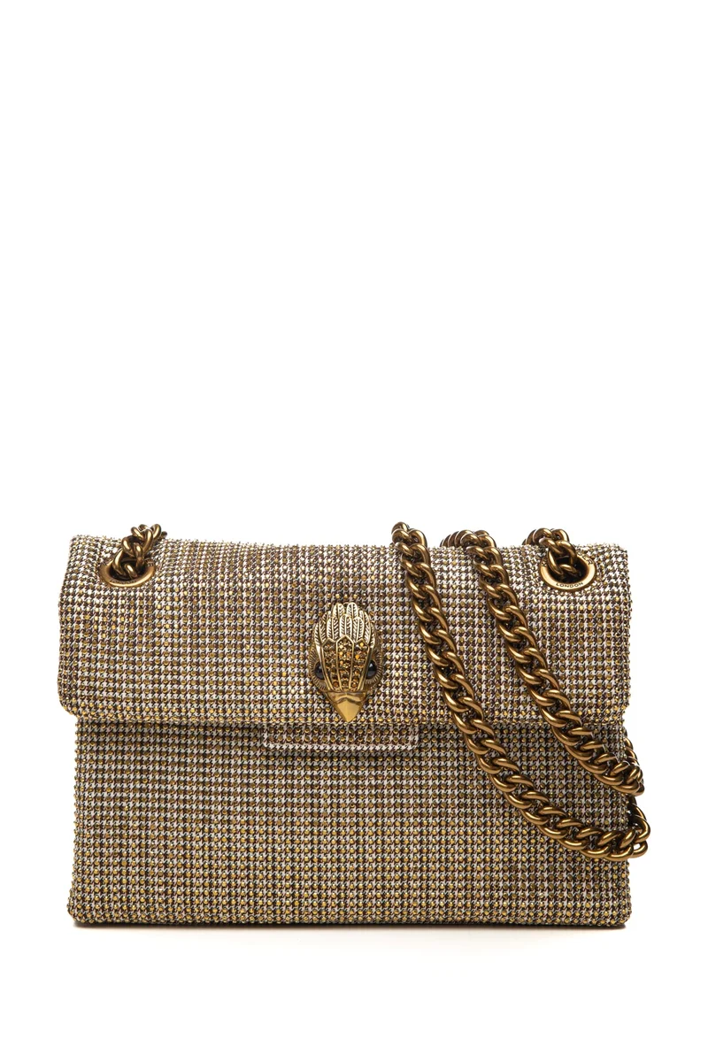 Borsa Kurt Geiger Fabric Kensington Mini Da Donna Oro Pied De Poule Beige In Tessuto Ricoperto Di Cristalli