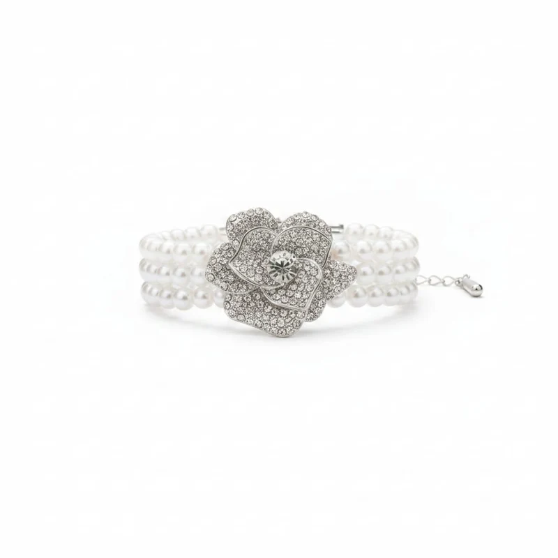 Bracciale con perle e fiore di strass - Argento