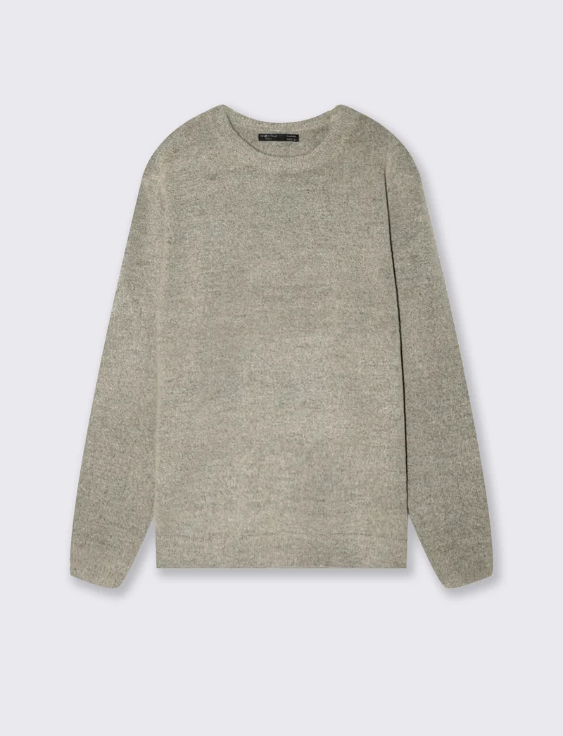 Maglia Girocollo in Bouclè con Maniche Lunghe - Grigio melange