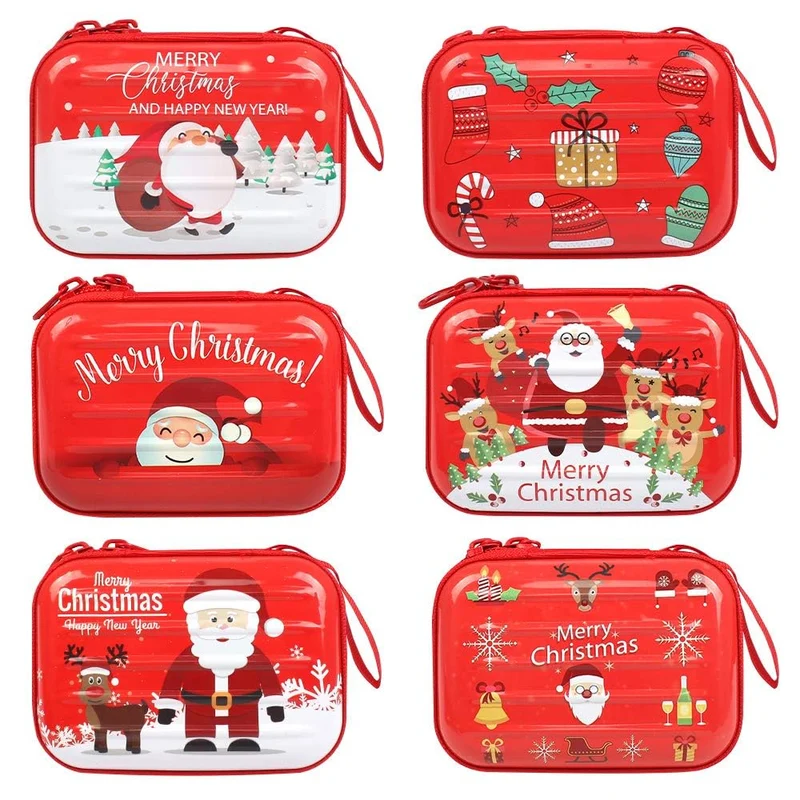 CAUTIOUS 6 Pezzi Borsa Portamonete di Natale, Quadrata con Cerniera Mini Portafoglio Rosso con Babbo Natale