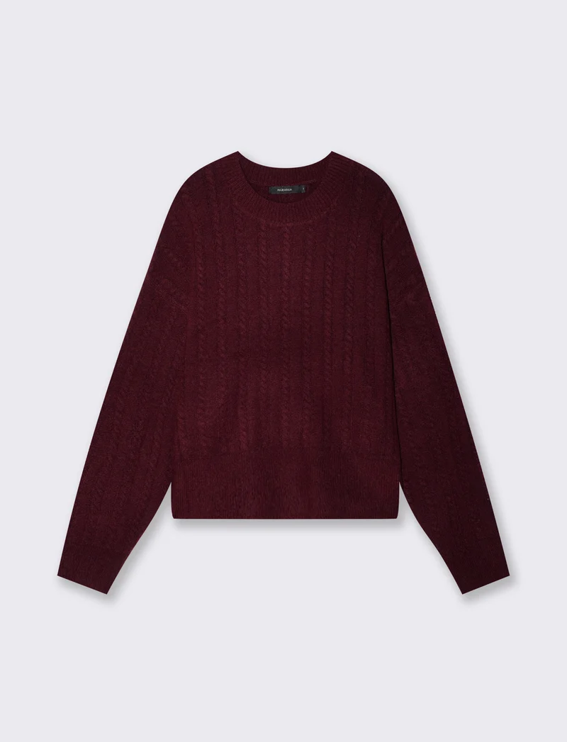 Maglia a trecce con collo paricollo - Rosso rubino