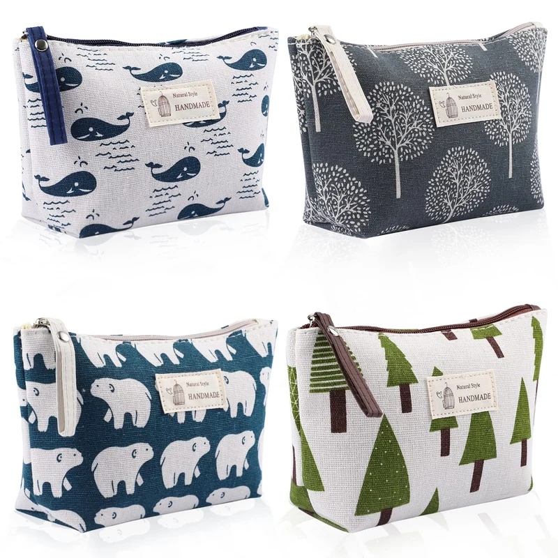 4 Pezzi Borsa Cosmetica in Tela, Borsa Trucchi Stampate Pochette Donna da Borsa Multifunzionale Portatile Borsa da Viaggio con Cerniera per Regali Natale Donna Bambina Viaggi e Deposito