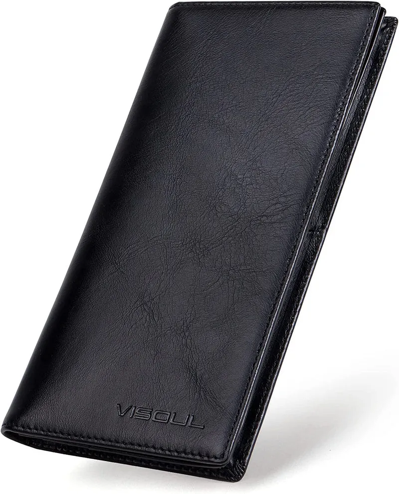 VISOUL Portafoglio Lungo in Vera Pelle da Uomo con Blocco RFID, Portafogli Verticale da Uomo Portafoglio Slim Bifold con 3 Scomparti Banconote e 12 Slot per Carte credito (Nero)