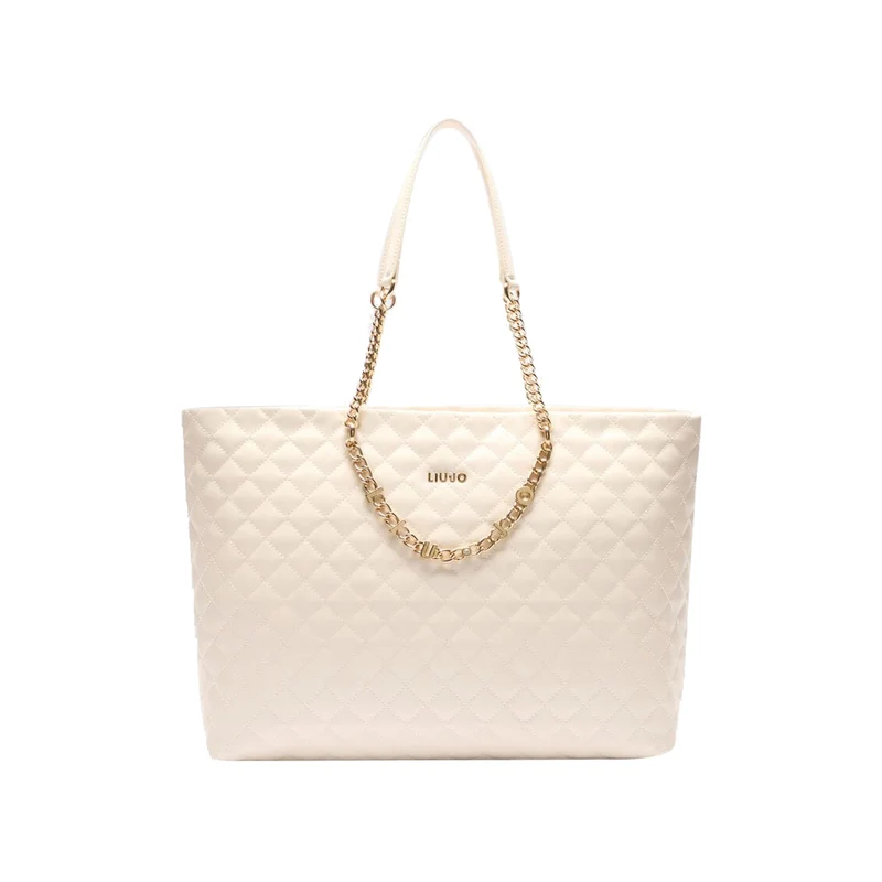 Borsa a spalla da donna beige matelassé con catena logata