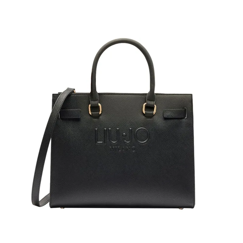 Borsa Shopping tinta unita nera con logo