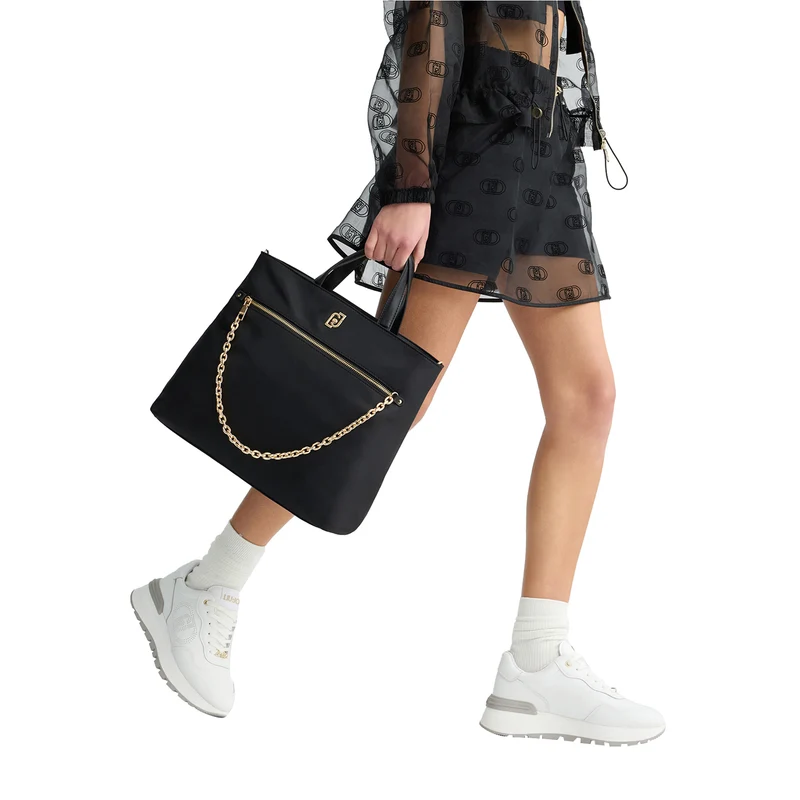 Borsa Donna a mano in nylon con catena Nero