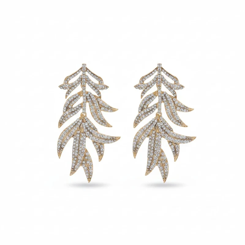Orecchini lunghi con foglie e strass - Oro
