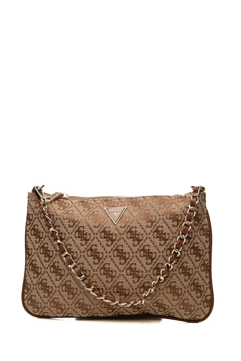 Pochette Guess Jqr Flat Da Donna Beige Loghi 4 G Marrone In Tessuto
