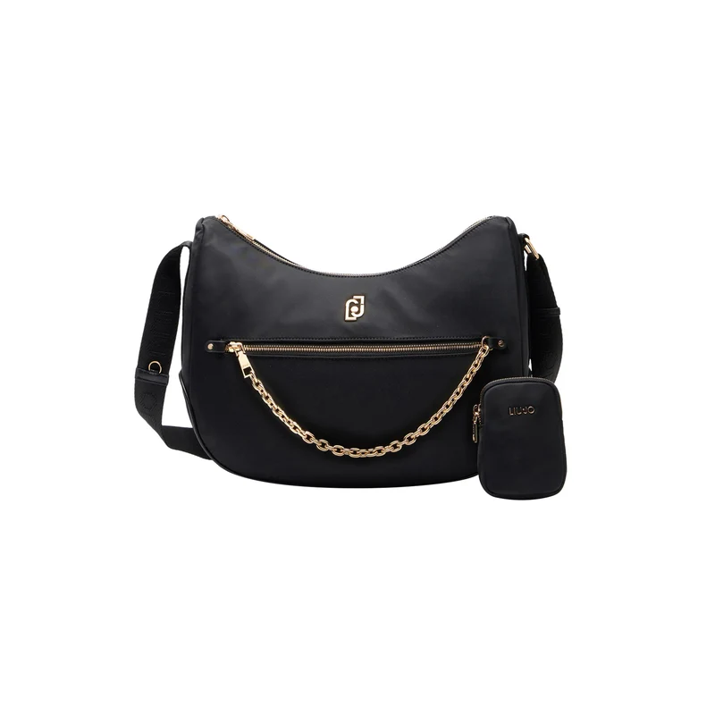 Borsa a spalla in nylon con catena Nero