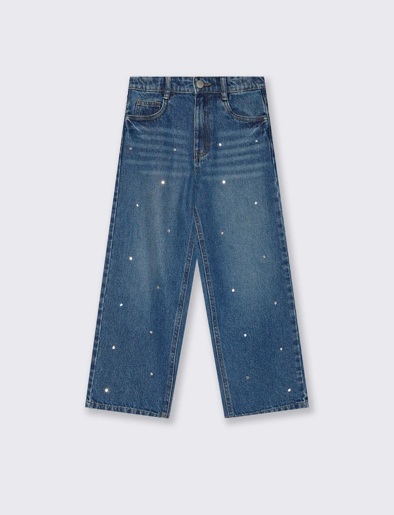 Jeans wide leg in cotone con strass - Denim