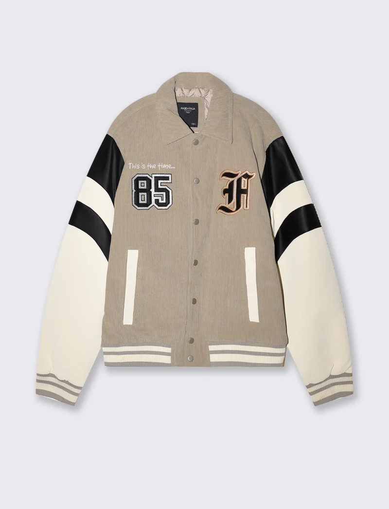 Bomber Varsity in Velluto con Ricami - Beige