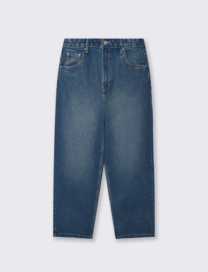 Jeans Tapered Wide Leg Effetto Slavato - Denim