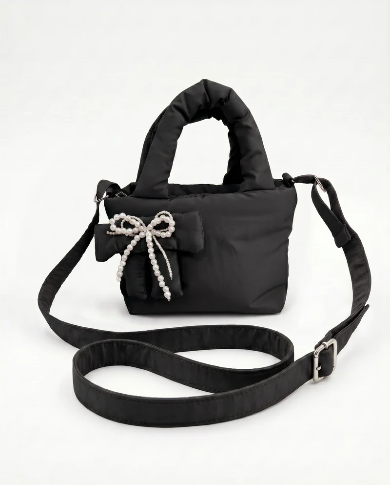 Borsetta nylon puffy c/fiocco perline - Nero