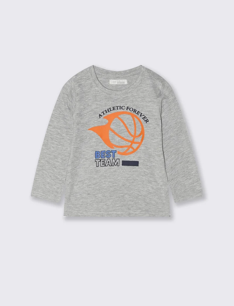 T-shirt melange manica lunga con stampa - Grigio mel.