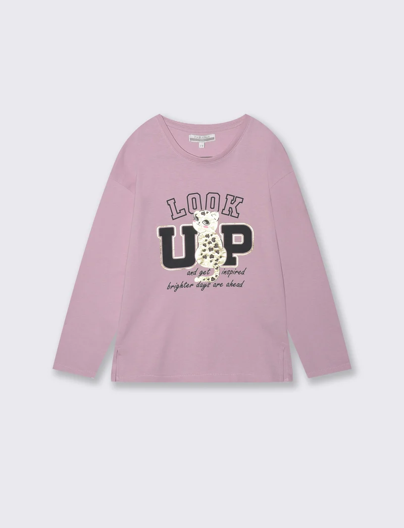 T-shirt lunga girocollo con stampa brillante - Rosa polvere