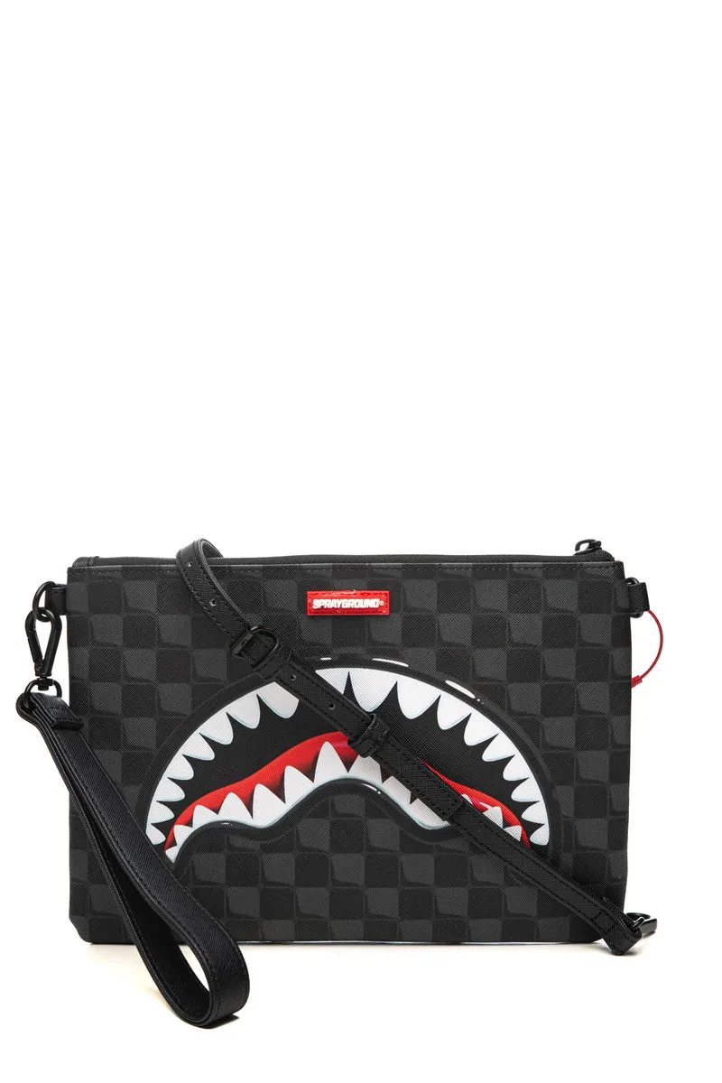 Pochette Sprayground Sharks In Paris Balloon Crossover Clutch Unisex Fantasia A Scacchiera E Shark Grafica Baloon Grigio Nero In Polivinile