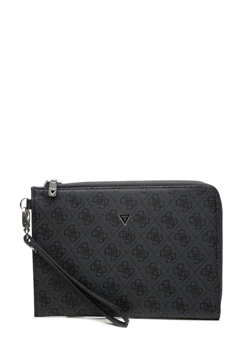 Pochette Guess Bath Mediun Clutch Da Uomo Antracite Stampa Loghi 4 G Nera In Poliuretano