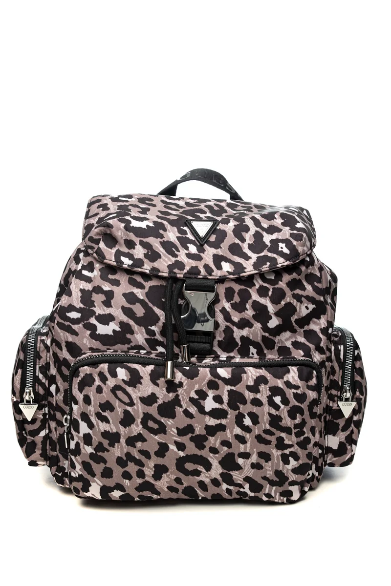 Zaino Guess Leo Allover 7 Y Up Backpack Da Bambina Tortora Latte Nero In Tessuto