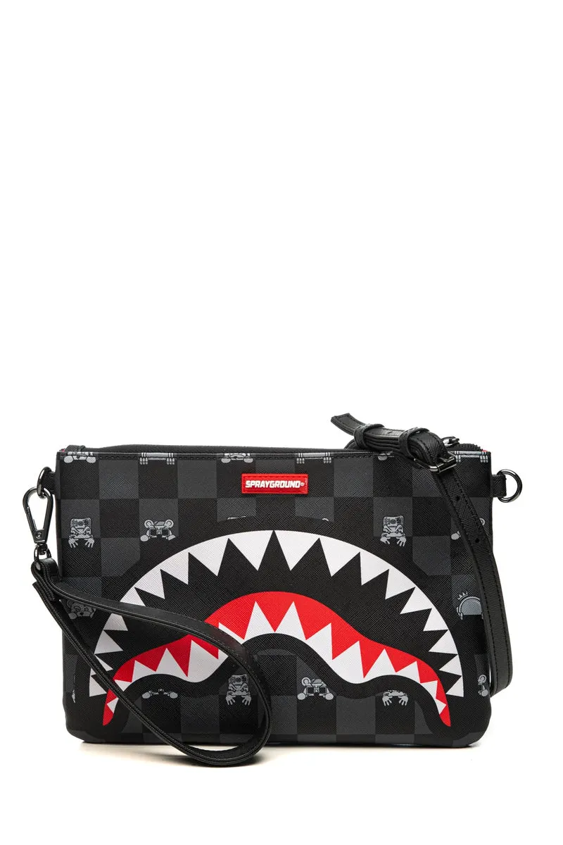 Pochette Sprayground Gray Peeking Character Check Crossover Clutch Unisex Fantasia A Scacchiera Shark E Peeking Character Grigio Nero In Polivinile