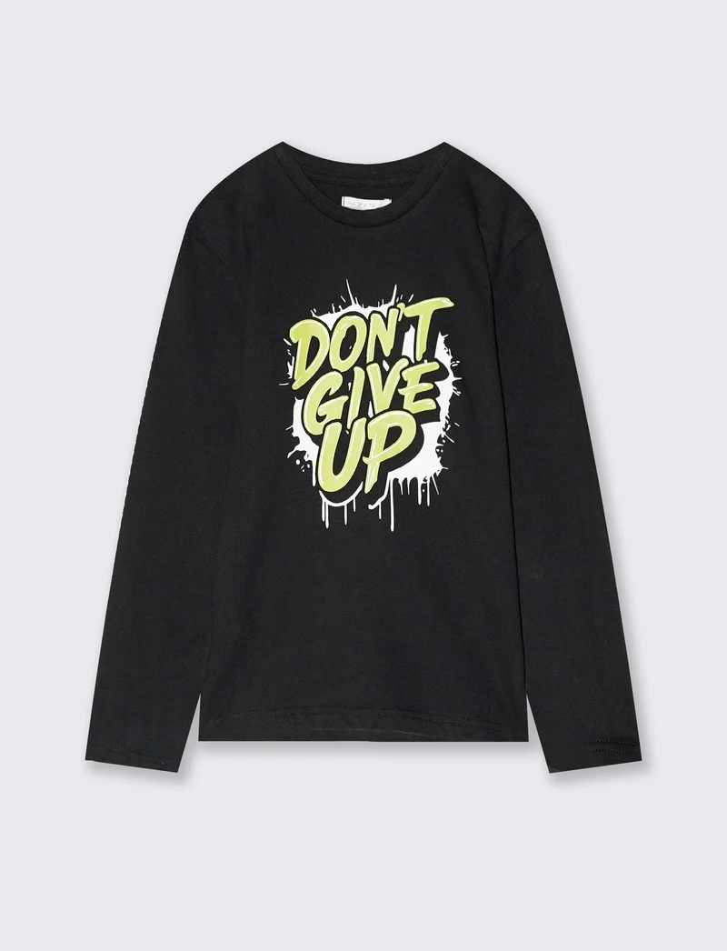T-shirt manica lunga in cotone con stampa - Nero