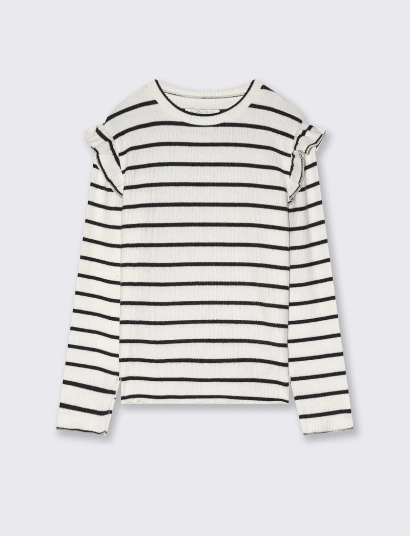 T-shirt a righe con rouches eleganti - Bianco-grigio