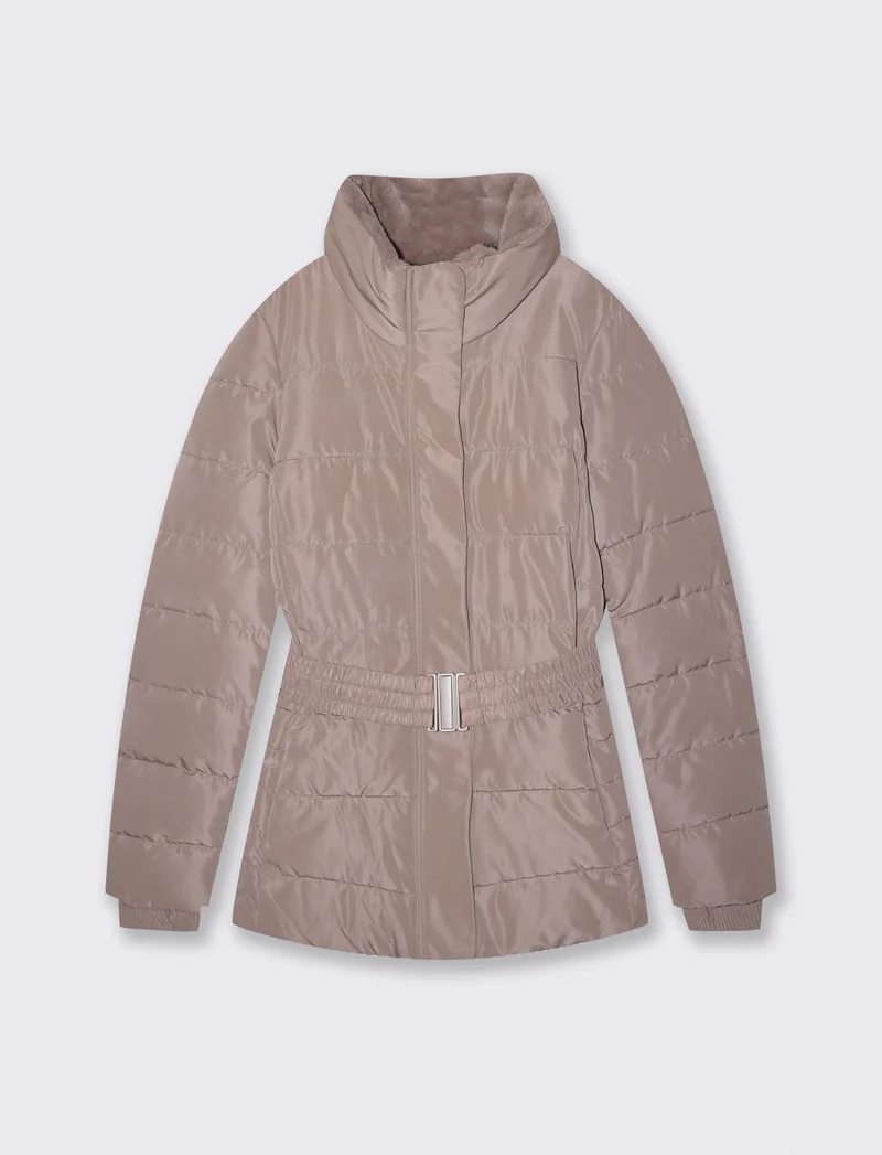 Giubbotto imbottito con cintura elastica - Grigio tortora