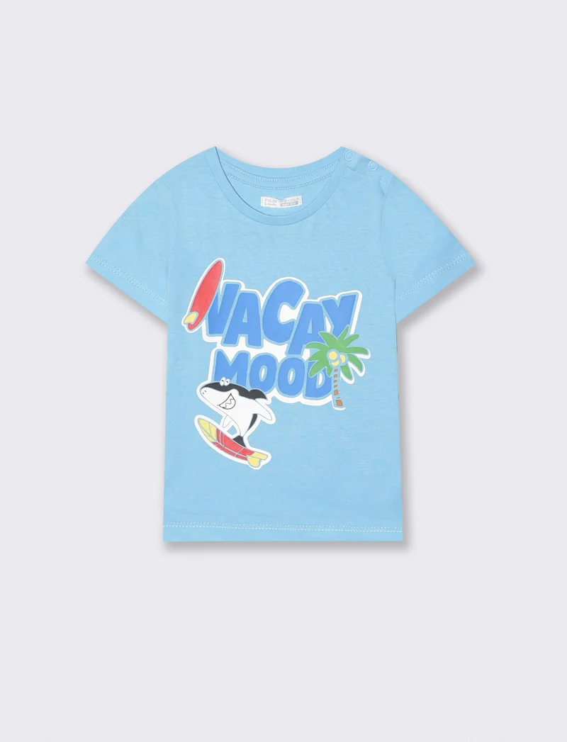 T-shirt girocollo con stampa e bottoni - Azzurro