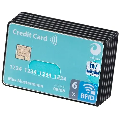 valonic Custodia RFID Blocker – 6 pezzi – Certificazione TÜV – Plastica – Trasparente – Custodia NFC – Custodia per carte di credito e carte di credito, trasparente, 6x Seiteneinschub, Porta carte di