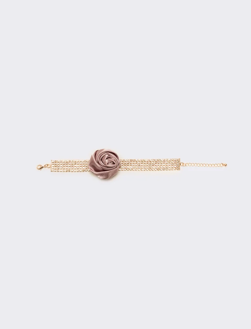Bracciale strass e rosa in tessuto - Rosa