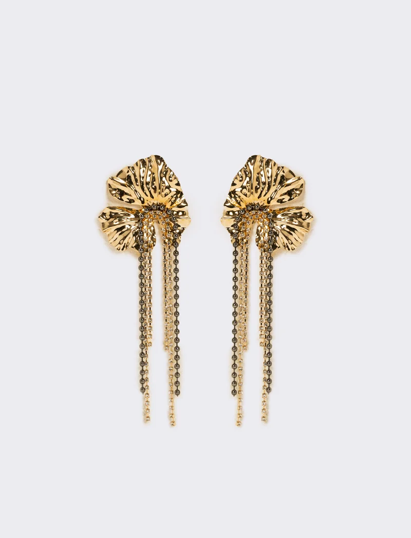 Orecchini fiori grandi con fili strass - Oro
