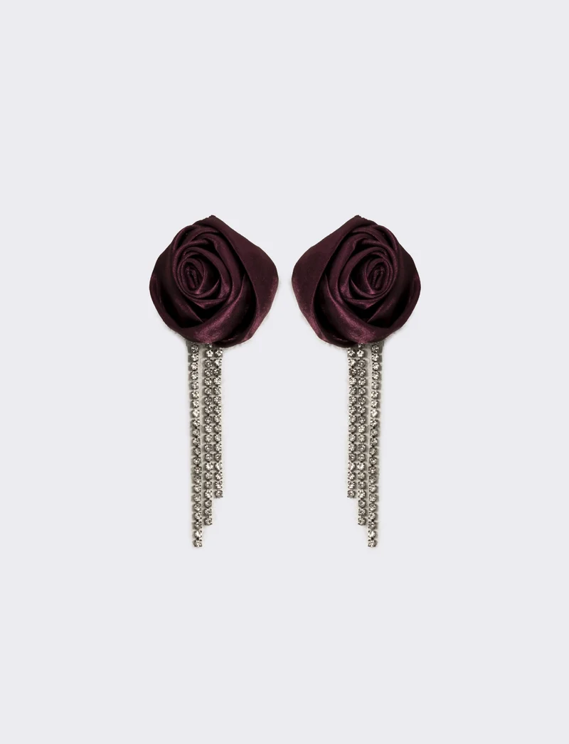 Orecchino con rosa in tessuto e strass - Viola