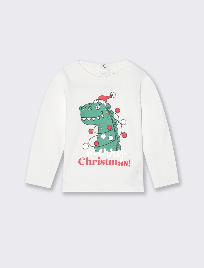 T-shirt natalizia manica lunga girocollo - Bianco latte