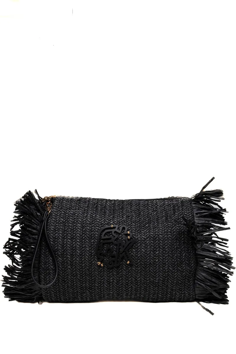 Borsa Da Mare Maxi Pochette Da Donna Nera In Rafia Di Poliestere