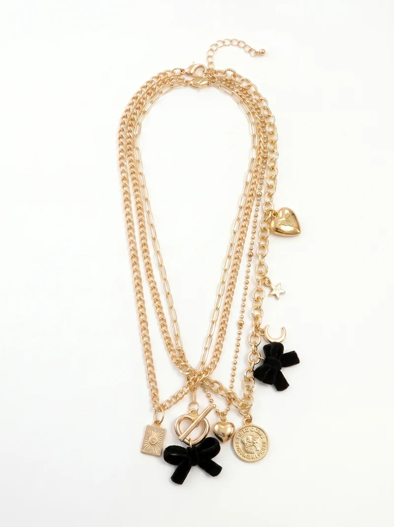 Collana 3 Fili con Fiocchi in Velluto - Nero