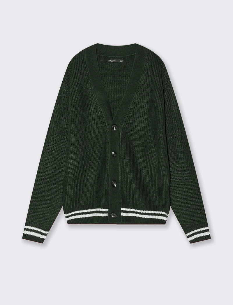 Maglia Cardigan con Bottoni e Contrasto - Verde scuro