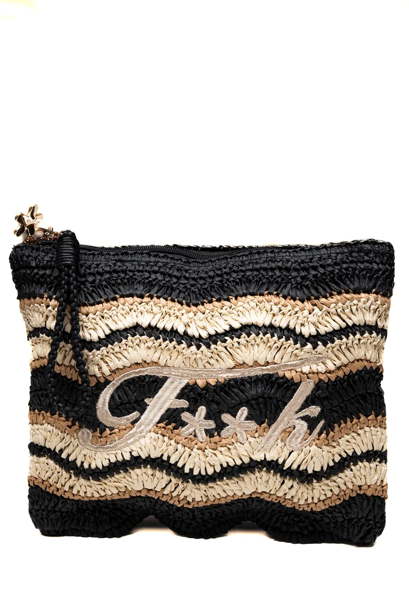 Borsa Da Mare Mini Pochette Wave Da Donna Nero Naturale Sabbia In Rafia Di Poliestere